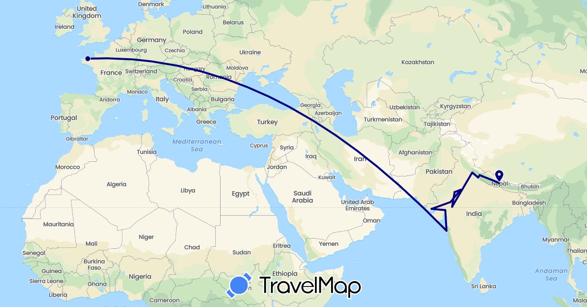 TravelMap itinerary: driving in France, India, Nepal (Asia, Europe)