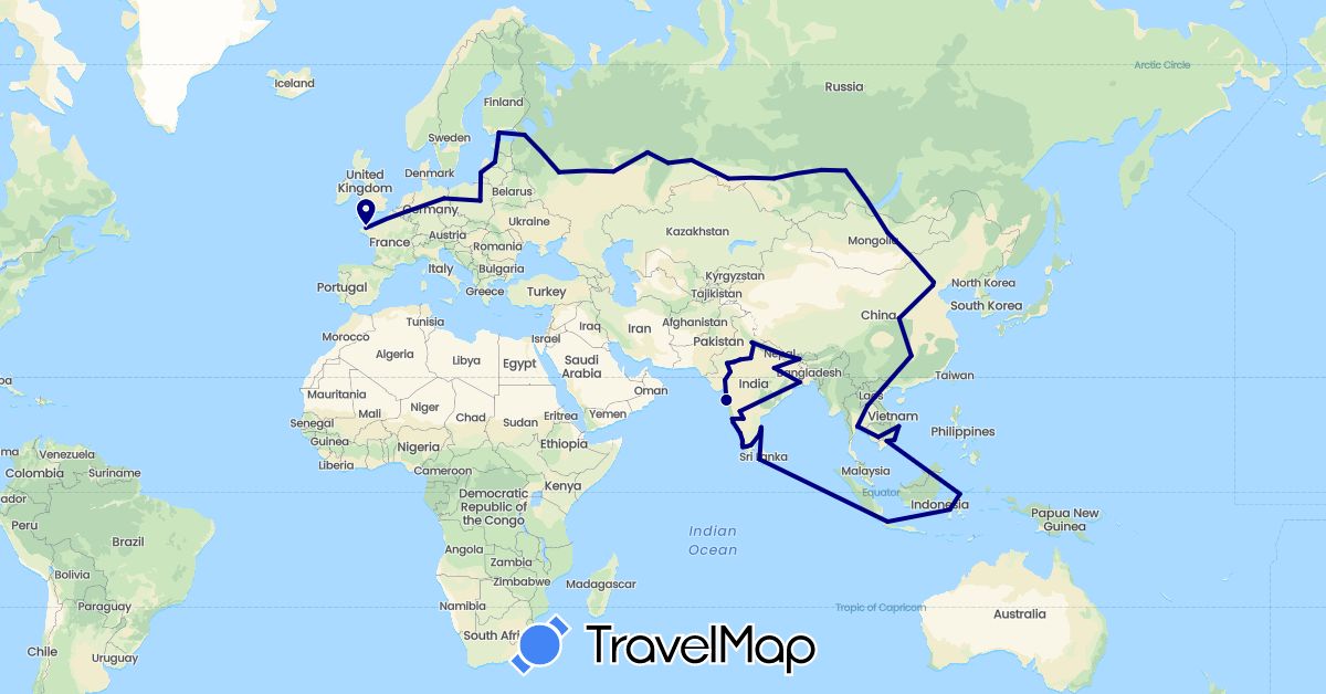 TravelMap itinerary: driving in China, Germany, Estonia, Finland, France, Indonesia, India, Cambodia, Laos, Sri Lanka, Lithuania, Latvia, Mongolia, Netherlands, Nepal, Poland, Russia, Thailand, Vietnam (Asia, Europe)